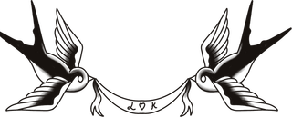 Two swallows in flight carrying a banner that reads L, a heart, K.